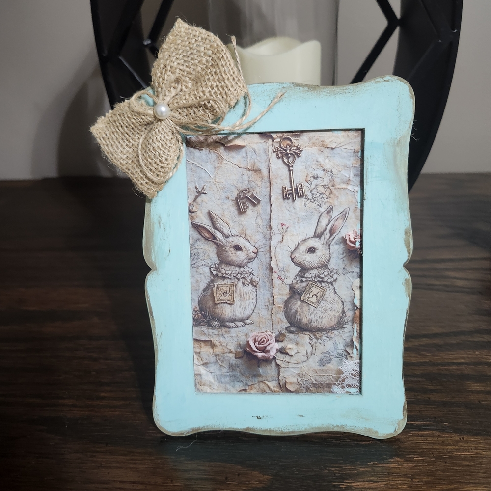 Rustic Turquoise Wooden Picture Frame with Burlap Bow